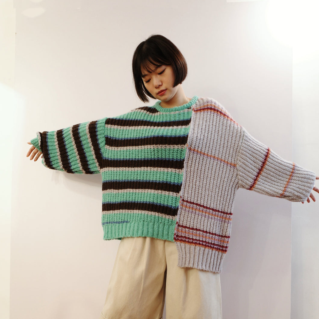 Jamm select | Colourblock Patchwork Striped Sweater (Green/Blue)