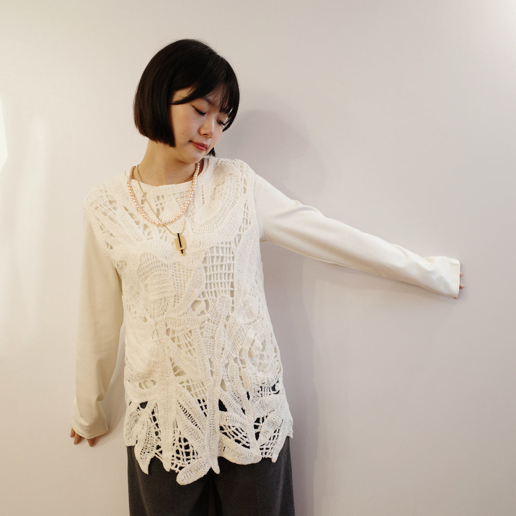 Jamm select | Fafa Pattern Crochet Tank Top(Ivory/grey/brown)