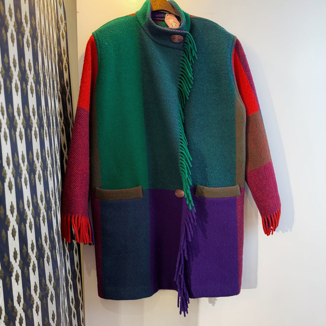 Vintage Fringe Check Pattern Wool Coat