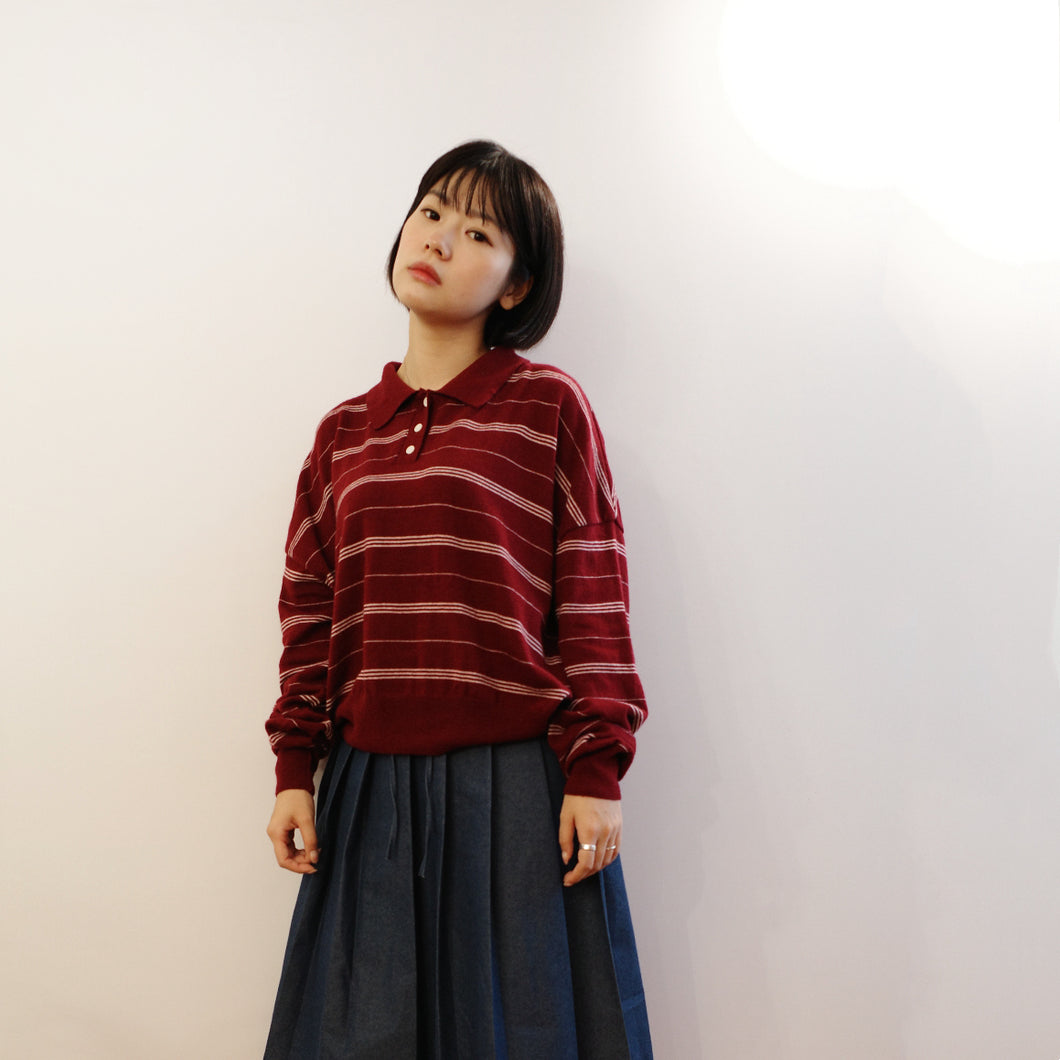 Jamm select | Striped Knitted Polo Top (Wine/Lime)